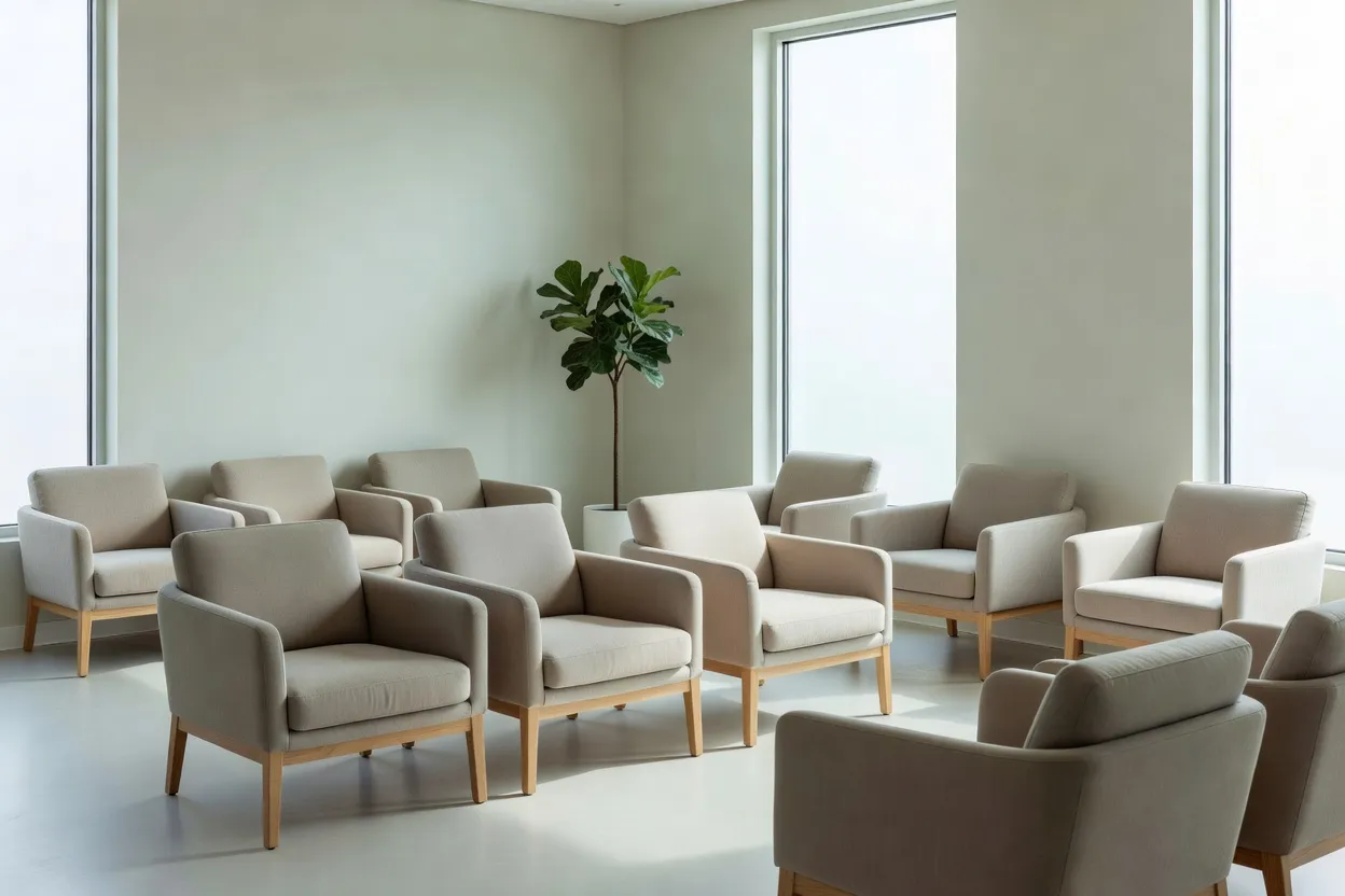 Salle d'attente d'une clinique médicale walk-in au Canada, ambiance professionnelle et rassurante