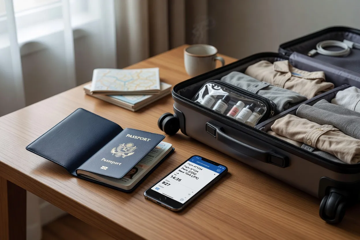 Documents de voyage, passeport et téléphone préparés avant un départ au Canada