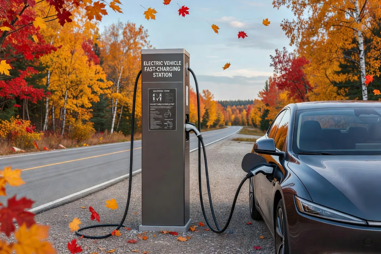 Borne de recharge rapide pour véhicule électrique le long d'une autoroute canadienne en automne