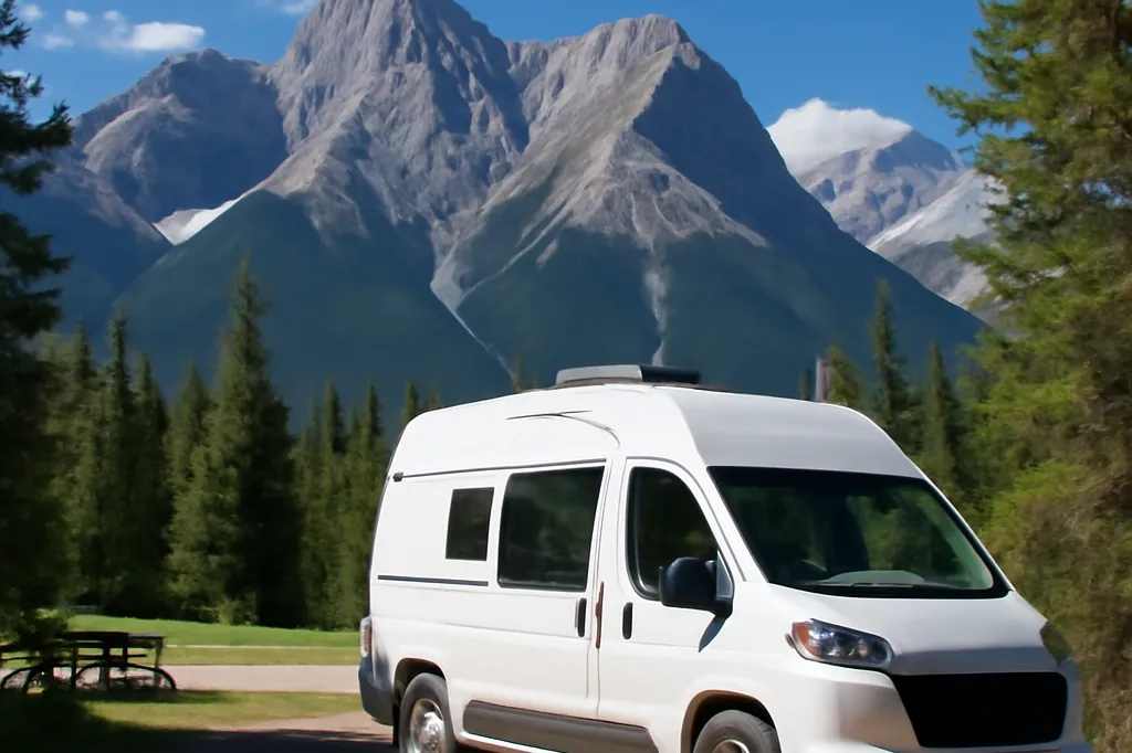 Camion aménagé garé face aux montagnes Rocheuses dans un parc national canadien en été