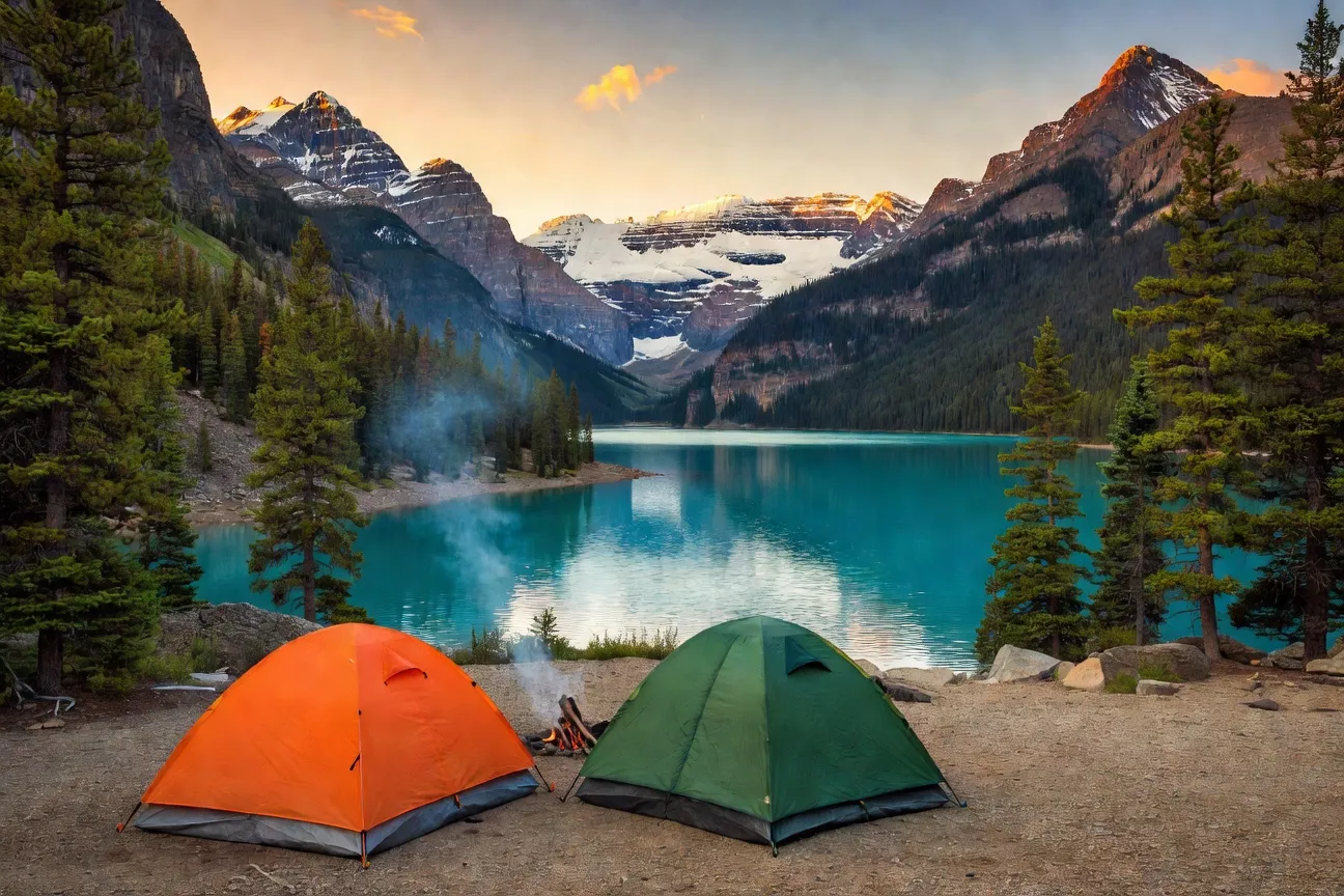 Camping Rocheuses canadiennes tente lac montagne budget