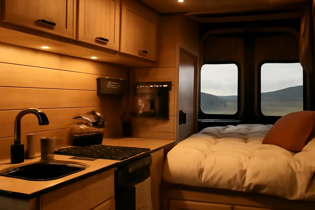 Van aménagé pour la vanlife garé face aux montagnes Rocheuses canadiennes