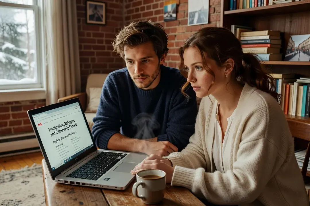 Couple français consultant le site Immigration Canada sur un ordinateur portable