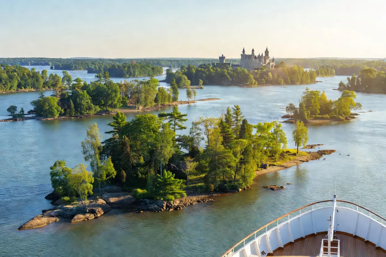 Vue sur l'archipel des Mille-Îles et ses îles boisées sur le Saint-Laurent en Ontario