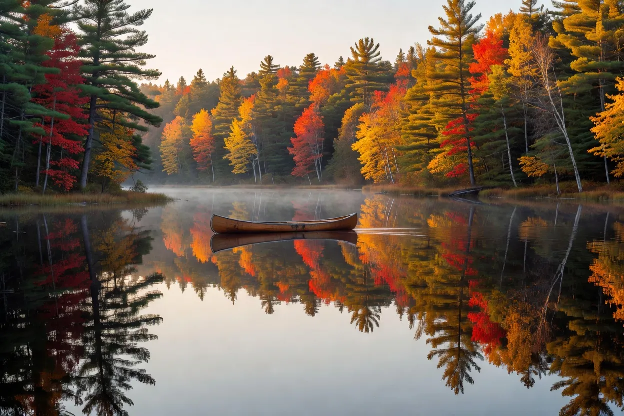 Canot sur un lac calme entouré de forêt boréale dans le parc Algonquin en Ontario