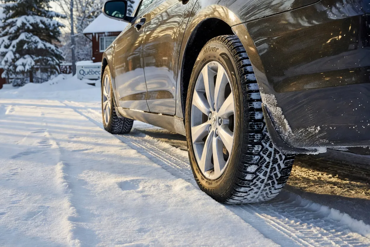 Pneu d'hiver équipé sur une voiture de location dans la neige au Québec