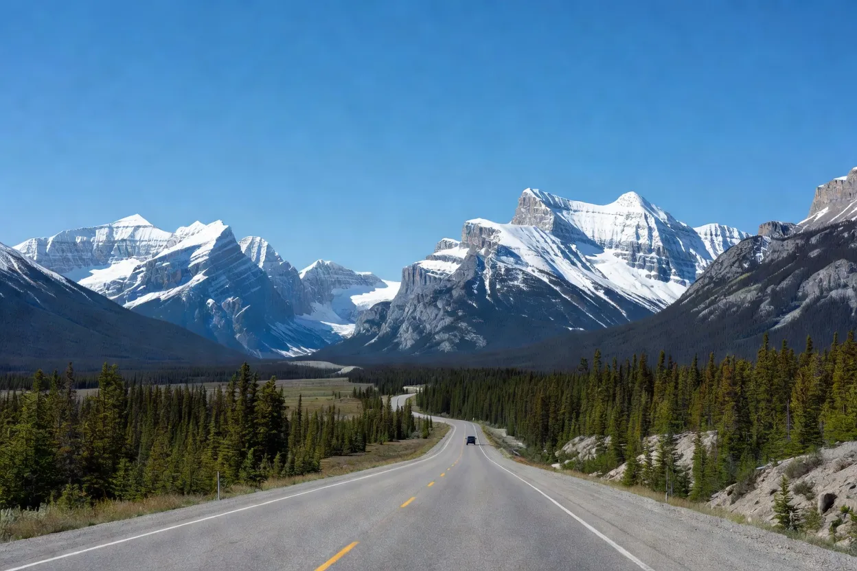 Route panoramique de montagne dans les Rocheuses canadiennes avec véhicule au loin