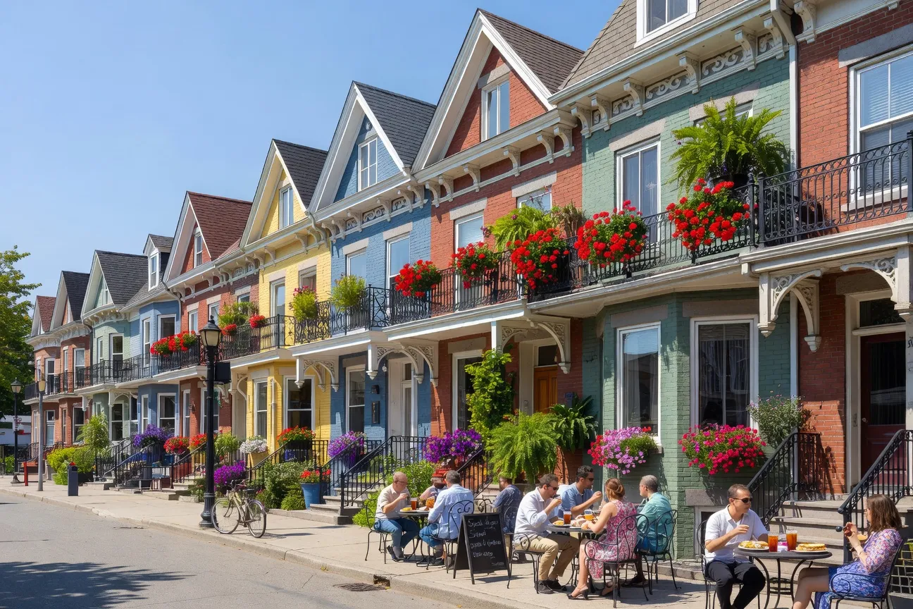 Terrasses estivales du Plateau-Mont-Royal, maisons victoriennes colorées à Montréal