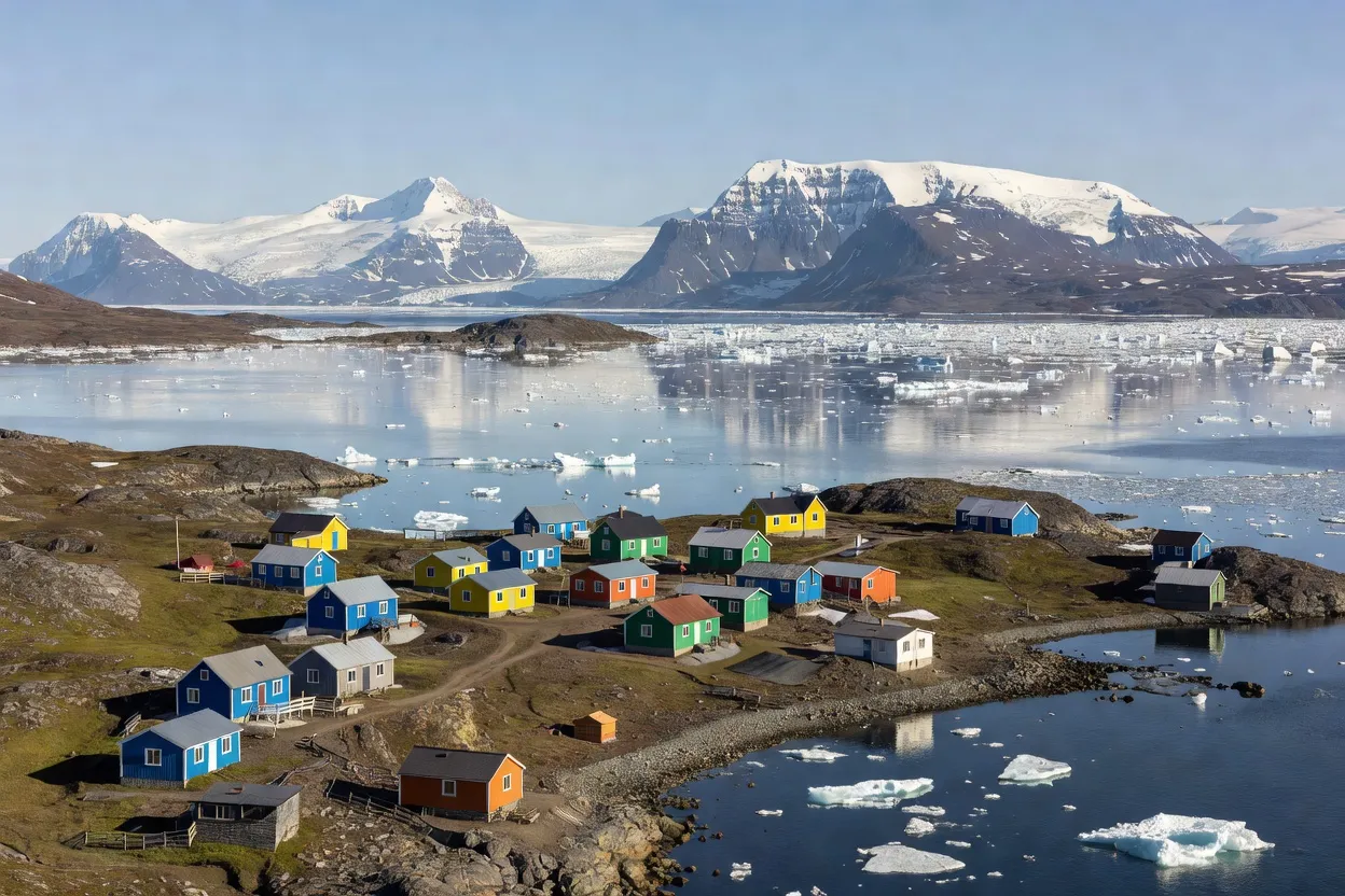 Communauté inuite au bord de la mer sur l'île de Baffin, Nunavut, avec montagnes en arrière-plan