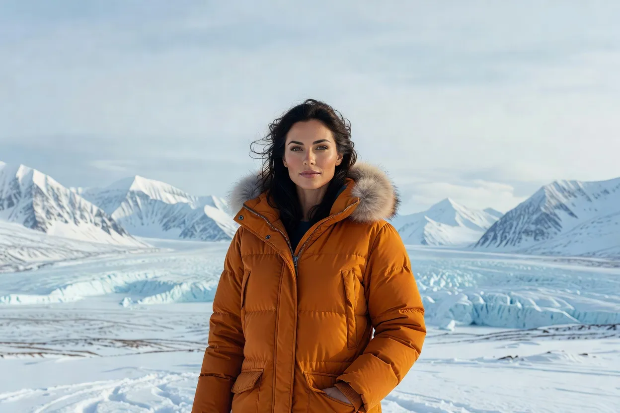 Voyageuse en parka d'expédition arctique face aux montagnes glacées du Nunavut