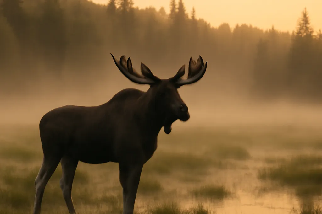 Orignal photographié à distance dans un marais boisé de Gaspésie à l'aube
