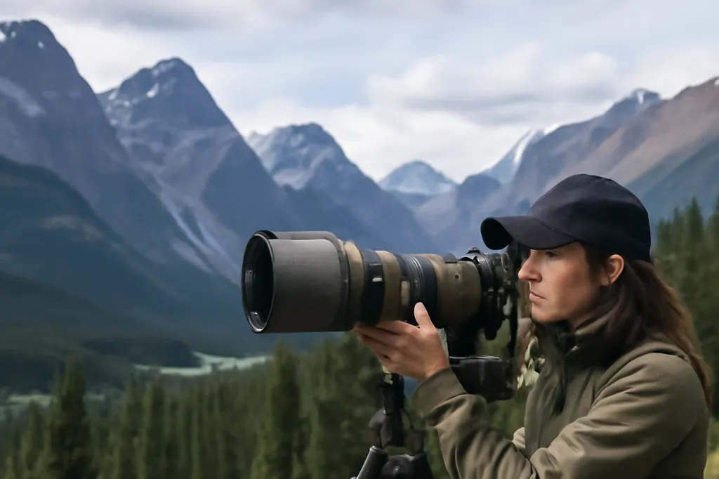Photographe équipé d'un téléobjectif observant la faune depuis un promontoire rocheux dans les Rocheuses canadiennes