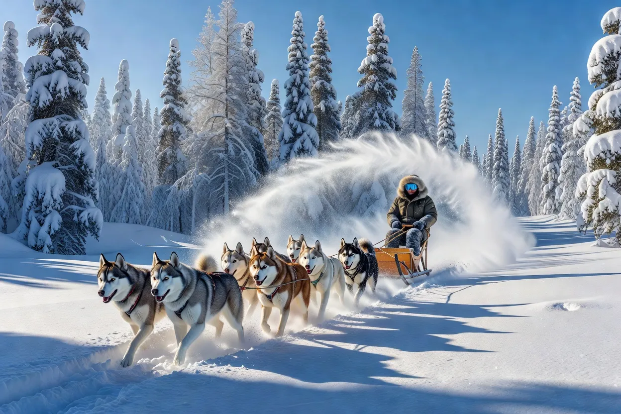 Traîneau à chiens dans la neige au Québec en hiver