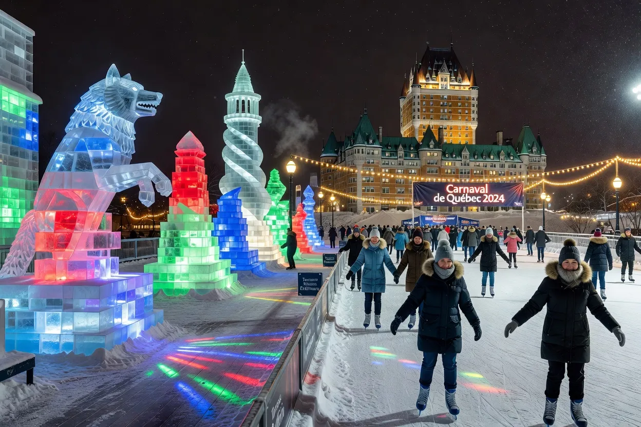 Hôtel de glace sculpté au Québec en hiver