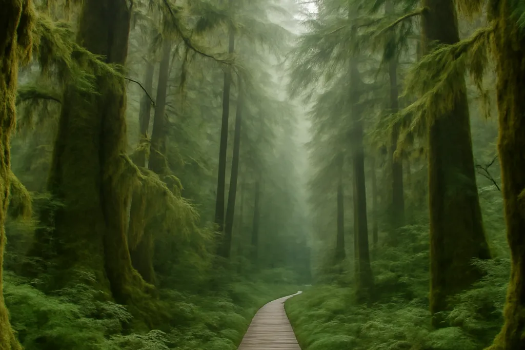 Sentier côtier boisé et passerelle en bois sur le West Coast Trail, île de Vancouver
