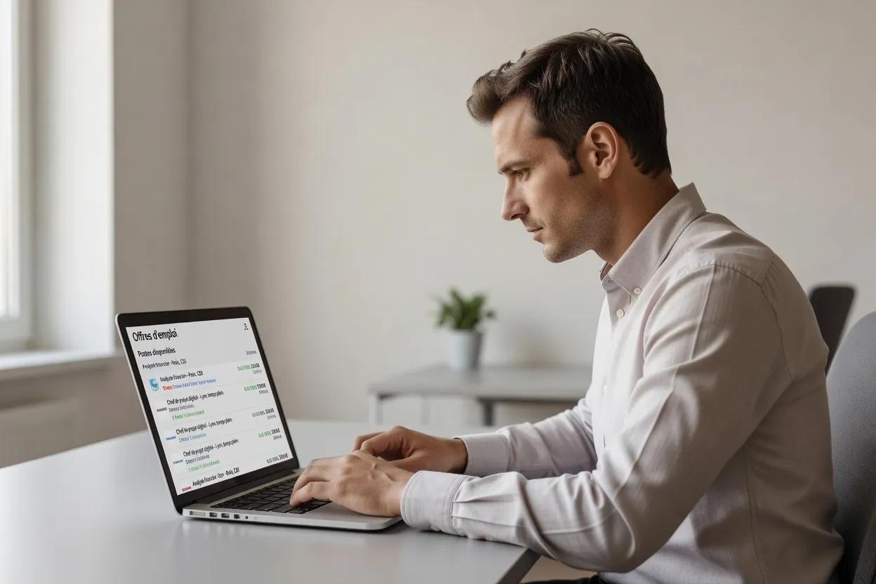 Personne consultant des offres d'emploi sur ordinateur dans un environnement professionnel