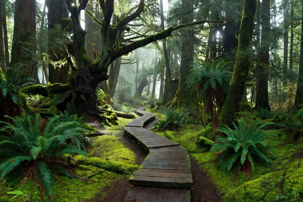 Sentier forestier en forêt pluviale tempérée ancienne dans Pacific Rim National Park, île de Vancouver