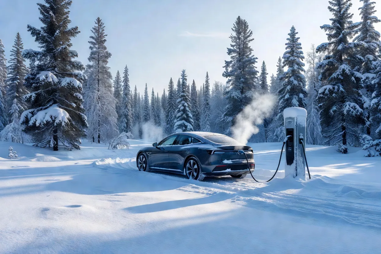 Voiture électrique en recharge sur une borne enneigée dans un paysage hivernal canadien