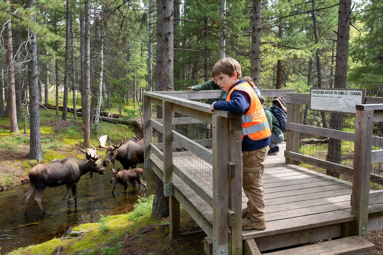 Enfant observant la faune depuis une plateforme sécurisée lors d'une excursion nature en famille au Canada