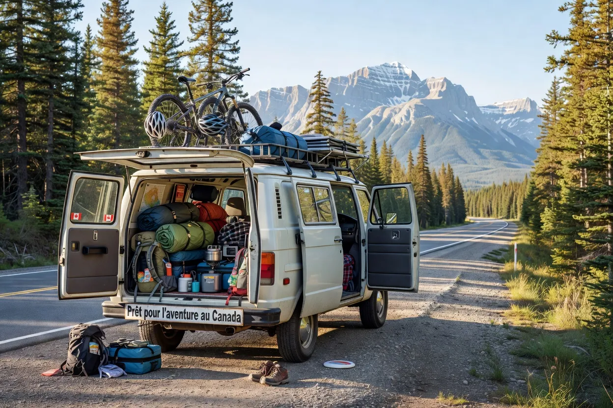 Van aménagé avec bagages et équipement familial pour un road trip au Canada