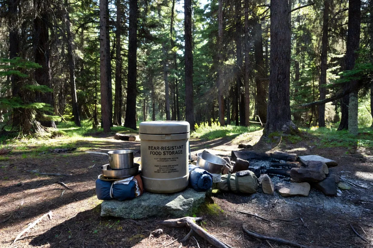 Conteneur anti-ours et matériel de camping installés à un site de camping sauvage au Canada