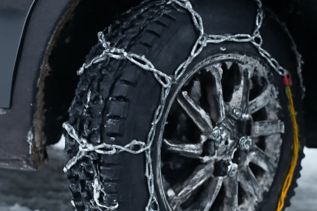Chaînes à neige installées sur le pneu d'une voiture avant un trajet hivernal au Canada