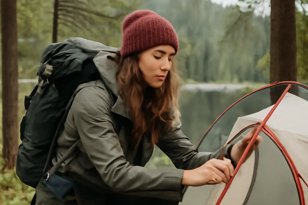 Randonneuse installant sa tente de camping sauvage près d'un lac en forêt canadienne