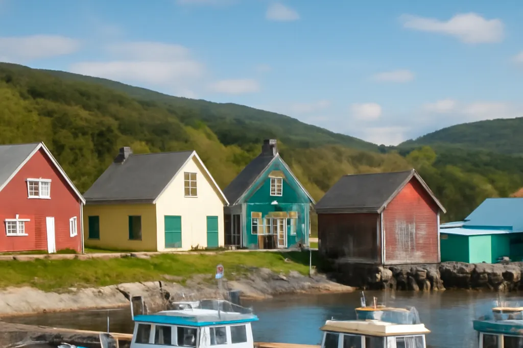 Village acadien traditionnel aux maisons colorées et bateaux de pêche au Cap-Breton