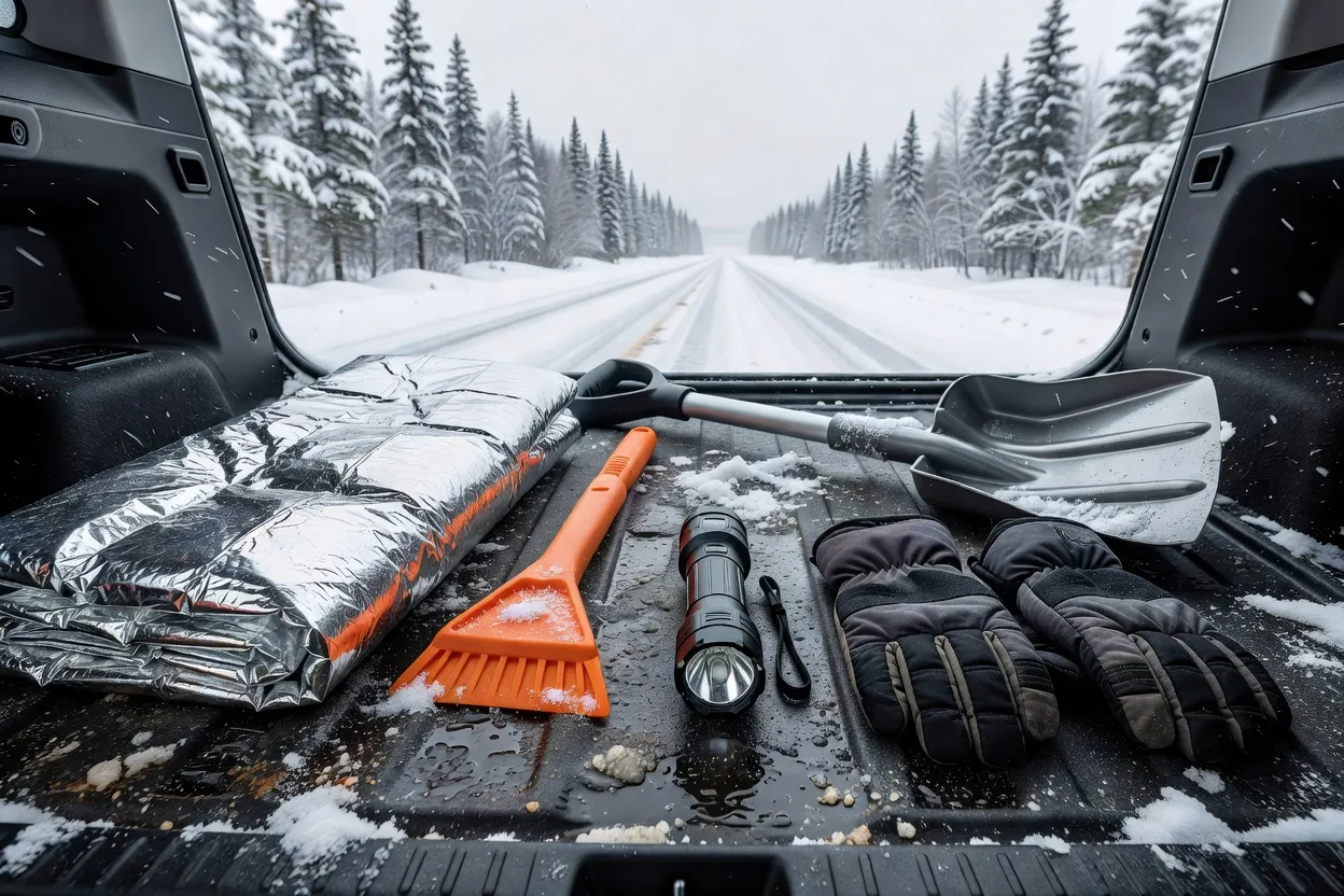 Kit d'urgence hivernal dans le coffre d'une voiture : couverture de survie, pelle, gants et lampe