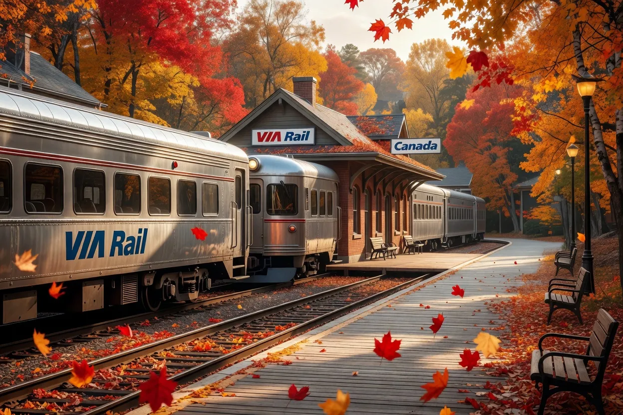 Train Via Rail à quai dans une gare canadienne entourée d'arbres aux couleurs automnales
