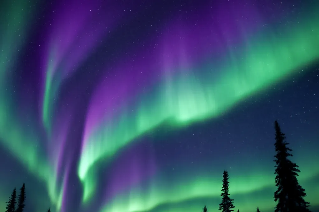 Aurores boréales vertes et violettes au-dessus de la forêt boréale du Yukon