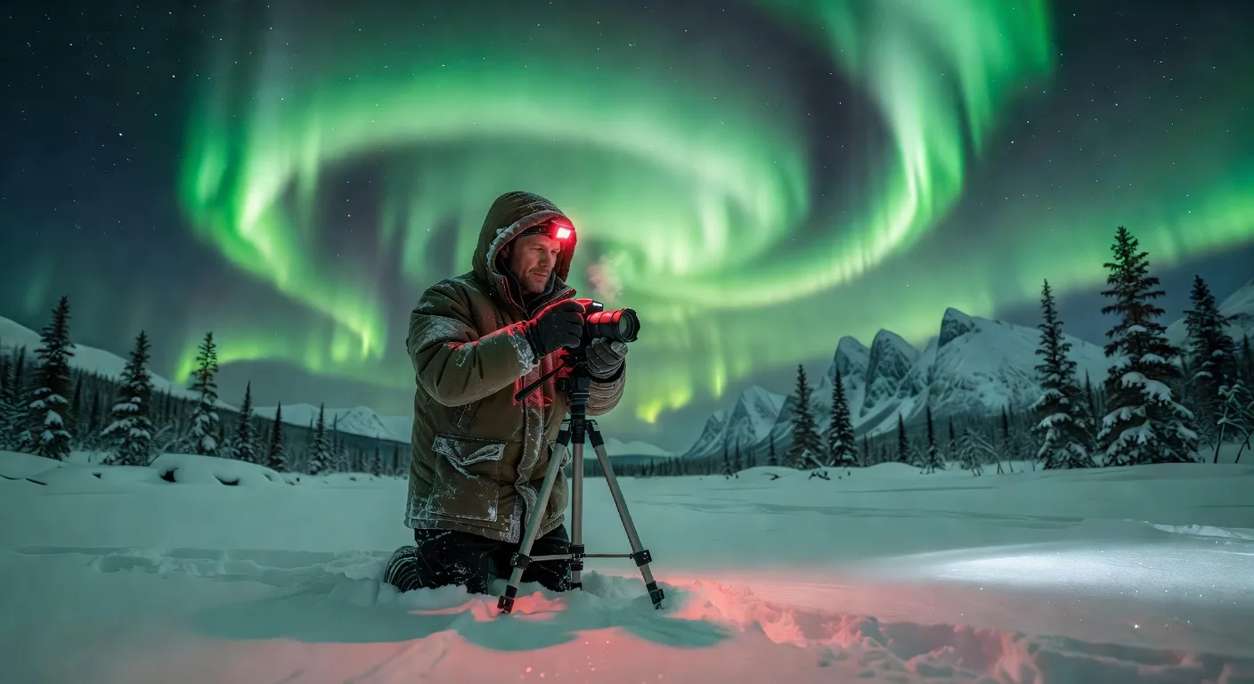 Photographe sous une aurore boréale au Yukon