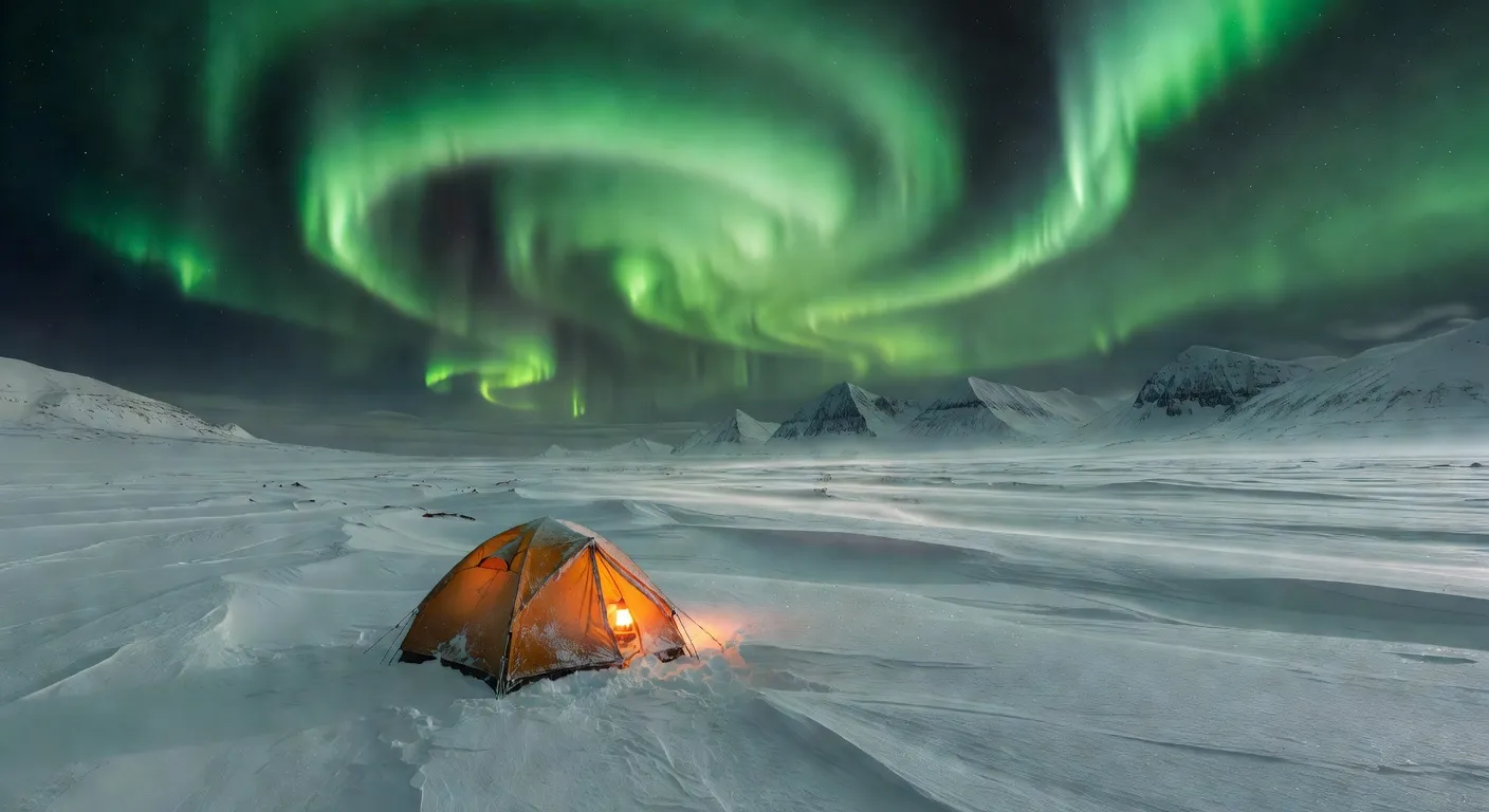 Bivouac arctique sous une aurore boreale au Nunavut