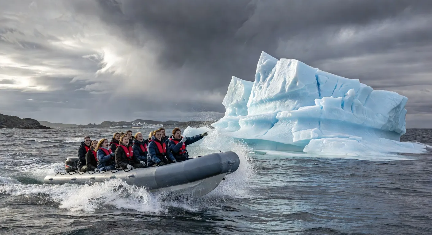 Bateau d'observation icebergs avec touristes au large de St. John's