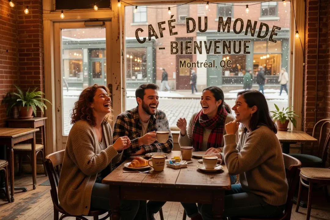 Amis dans un café montréalais animé, ambiance franco-canadienne chaleureuse avec décor vintage