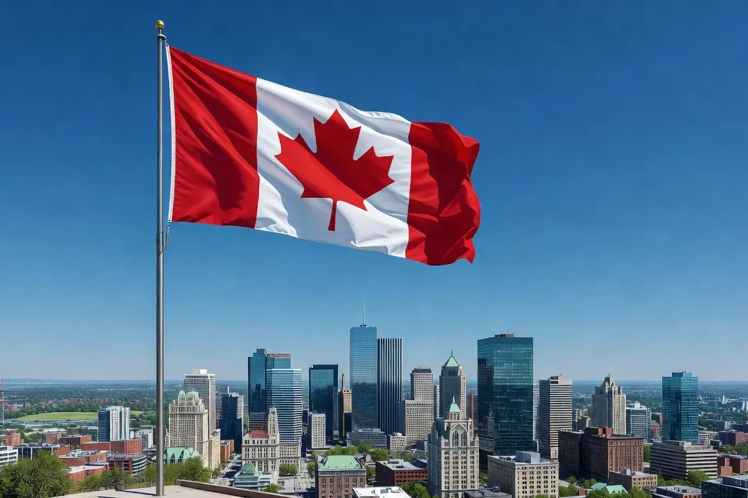Drapeau canadien avec feuille d'érable rouge en premier plan, ville en arrière-plan, identité culturelle canadienne