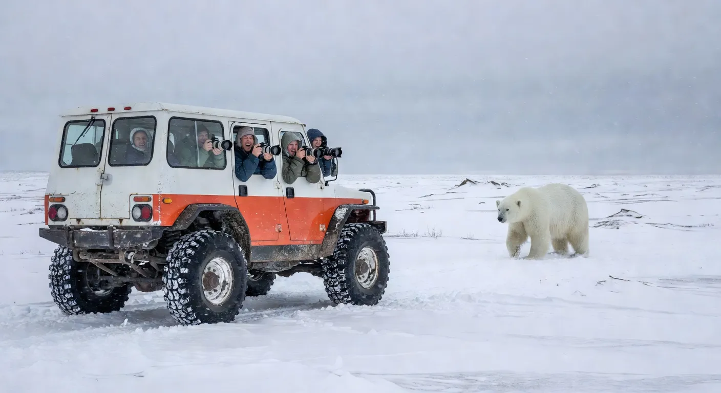 Tundra buggy avec ours polaire en arriere-plan a Churchill