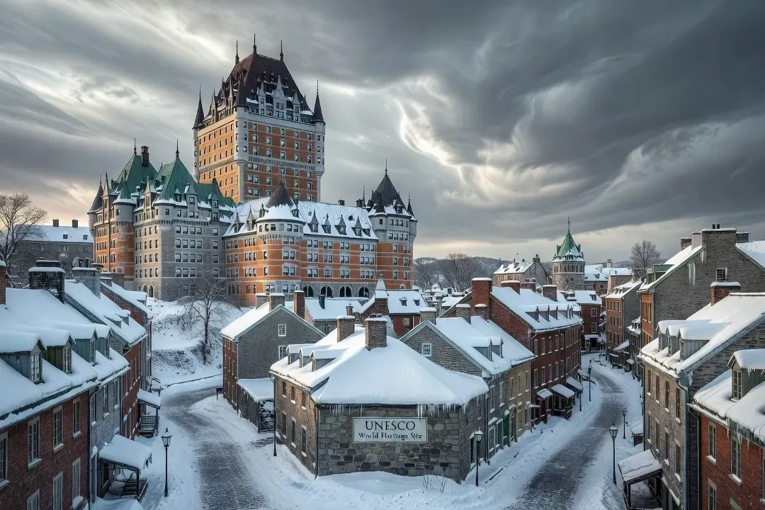 Château Frontenac dominant la vieille ville de Québec sous la neige, Canada